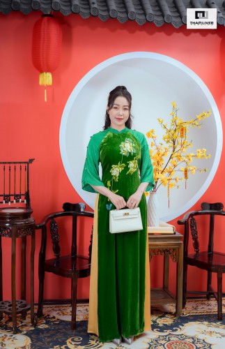 Áo dài nhung the thêu hoa cúc