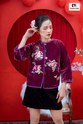 Áo trần bông nhung the tơ tằm thêu hoa cúc