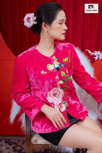 Áo trần bông nhung the thêu hoa hồng